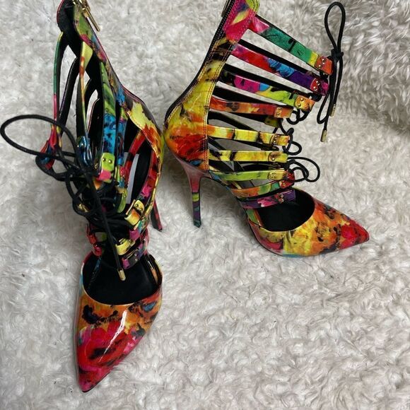 Steve Madden STF Floral Multi color patent lace up Stilettos pointed toe SZ8M - Picture 5 of 11